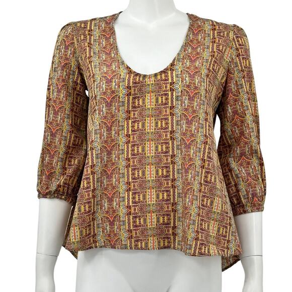 Lovers + Friends Top Womens Small Multi Geometric 3/4 Sleeve Hi Lo Flowy Peasant - Picture 1 of 8